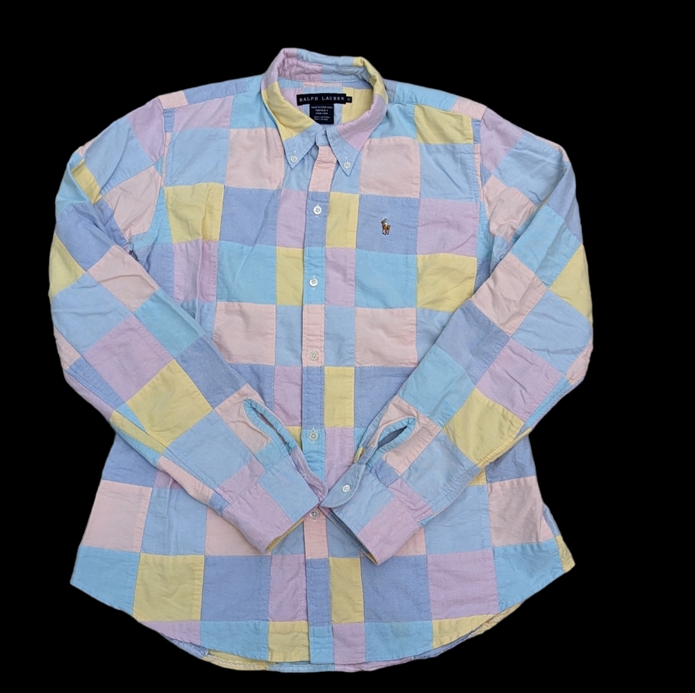 VTG Ralph Lauren *Sz 12* Pastel Patchwork Long Sleeve Button Down Blouse Top
